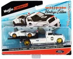 ModelToyCars 2021 Ford GT #98 Heritage Edition With Flatbed Truck, White - Maisto 15108-21A - 1/64 Diecast Car