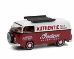 1972 Volkswagen Type 2 Panel Van - Indian Motorcycle Authentic Parts & Lubricant, Burgundy And White - Greenlight 36020/48 - 1/64 Scale Diecast Model Toy Car