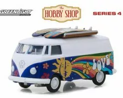 1971 Volkswagen Type 2 Panel Van W/Surfbaords, Blue W/white - Greenlight 97040C - 1/64 Diecast Car