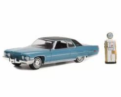 1972 Cadillac Coupe DeVille W/ Vintage Gas Pump, Blue - Greenlight 97130A - 1/64 Scale Diecast Car