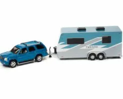2005 Cadillac Escalade With Camper Trailer, Custom Metallic Turquoise Teal - Johnny Lightning JLSP201/24A - 1/64 Scale Diecast Model Toy Car